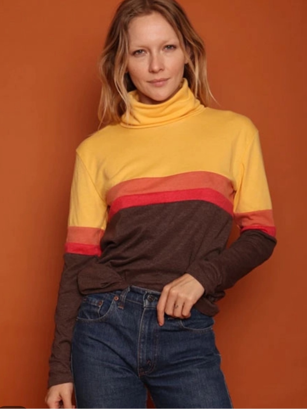 Camp Collection Striped Turtleneck, size M, retro 70s brown orange yellow